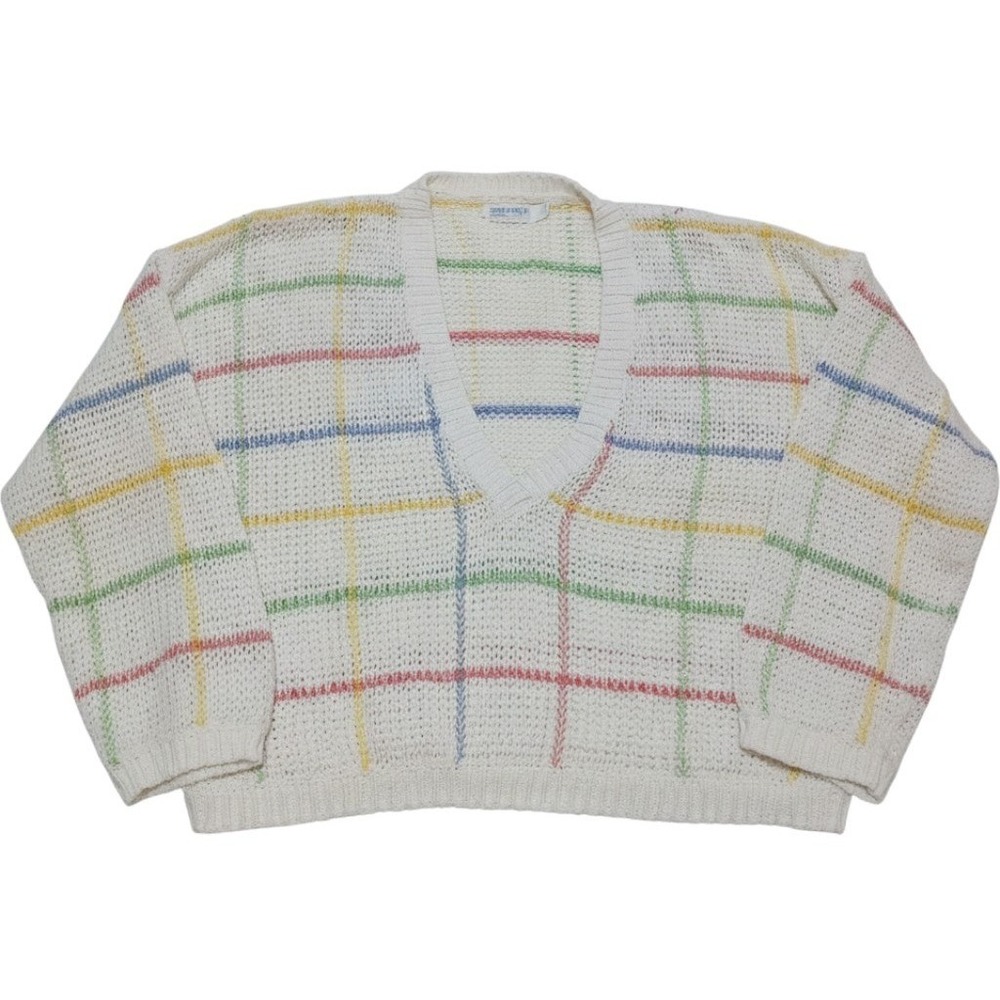 VTG Esprit Womens L Pastel Plaid Open Knit V Neck Cropped Sweater 80s Slouchy